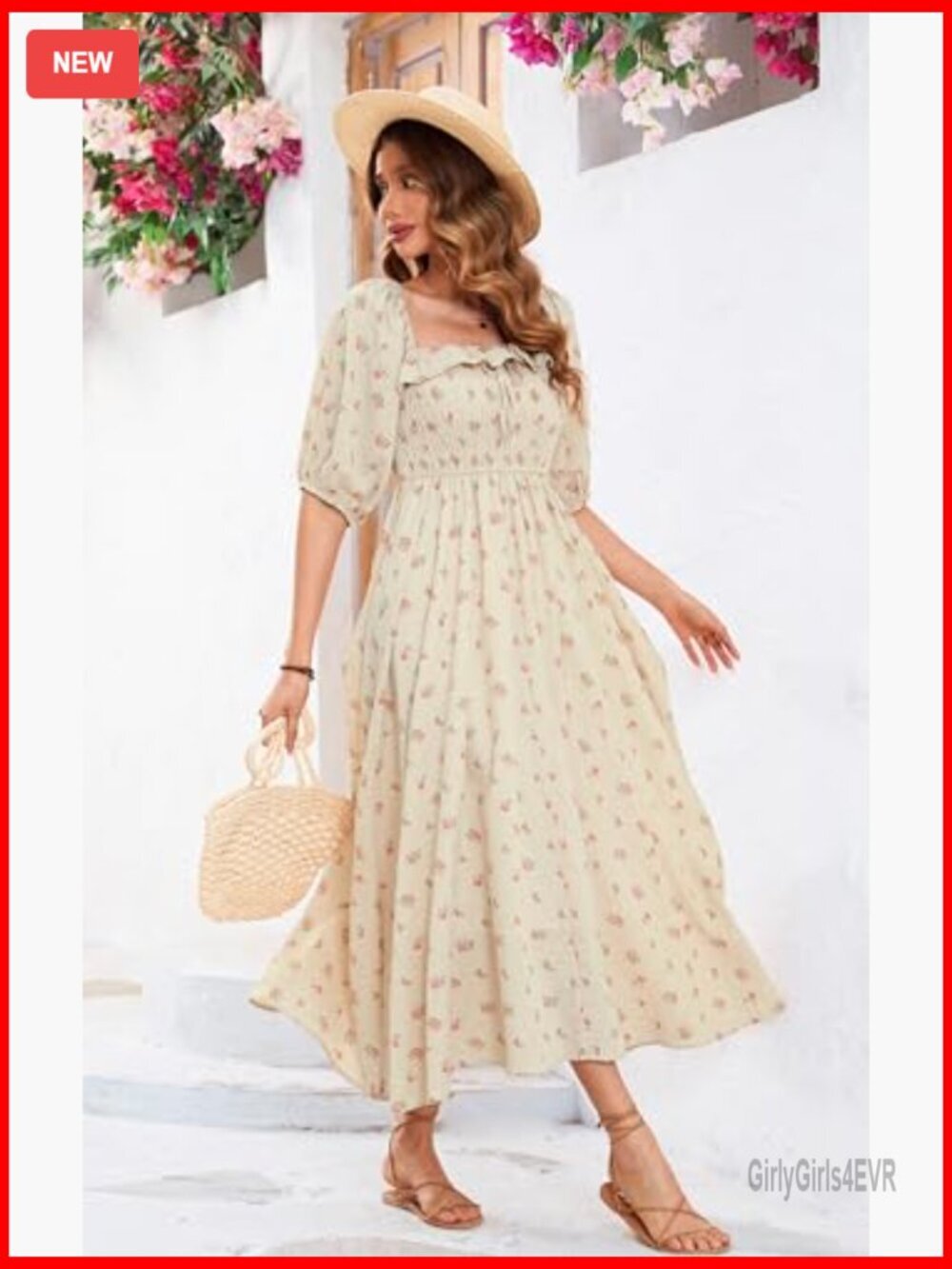Women's Cotton Backless A-Line Flowy Midi Dress Ruffled Sleeves - Picture 2 of 7